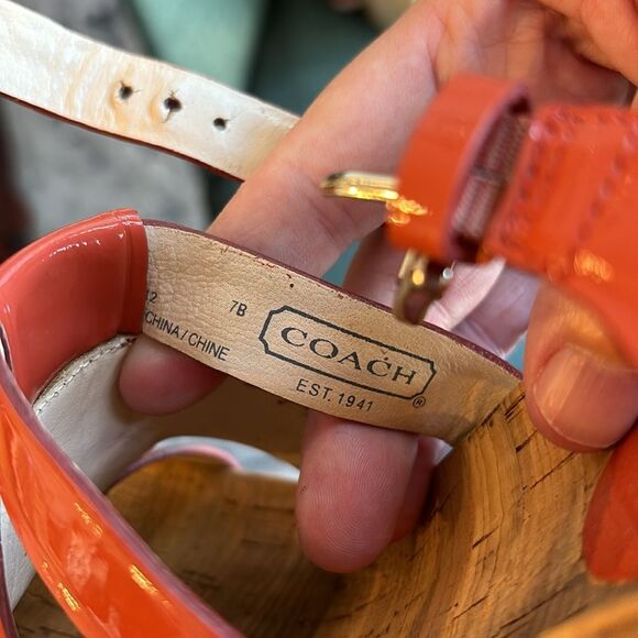 Coach Fran Wedge Ankle Strap Sandals Women sz 7 orange platform patient leather - Picture 9 of 9